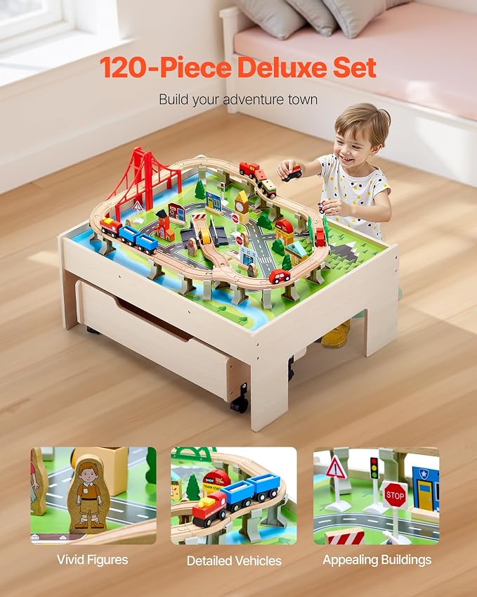 VEVOR Train Table, 100 Multicolor Pieces Wooden Kids Activity Table with Rolling Storage Drawer, 3-in-1 Wooden Train Set for Gaming, Drawing, Reading, Eating, Creative Toy Set for Kids Ages 3+