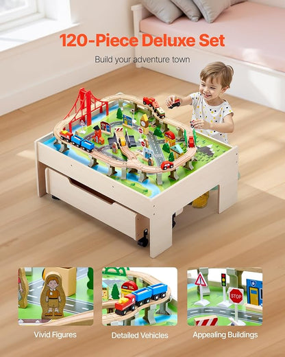 VEVOR Train Table, 100 Multicolor Pieces Wooden Kids Activity Table with Rolling Storage Drawer, 3-in-1 Wooden Train Set for Gaming, Drawing, Reading, Eating, Creative Toy Set for Kids Ages 3+