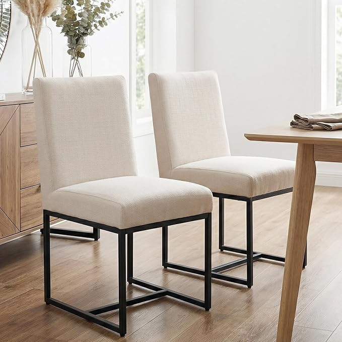 HNY Modern Dining Chairs Set of 2, Upholstered Linen Dining Room Chairs with Ergonomic Back & Metal Frame for Home, Kitchen, Apartment, Cream