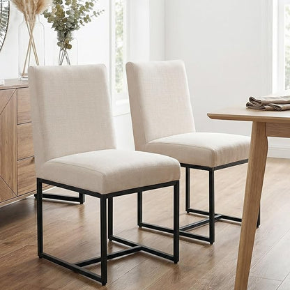 HNY Modern Dining Chairs Set of 2, Upholstered Linen Dining Room Chairs with Ergonomic Back & Metal Frame for Home, Kitchen, Apartment, Cream