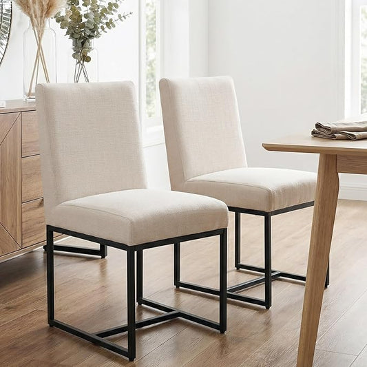 HNY Modern Dining Chairs Set of 2, Upholstered Linen Dining Room Chairs with Ergonomic Back & Metal Frame for Home, Kitchen, Apartment, Cream