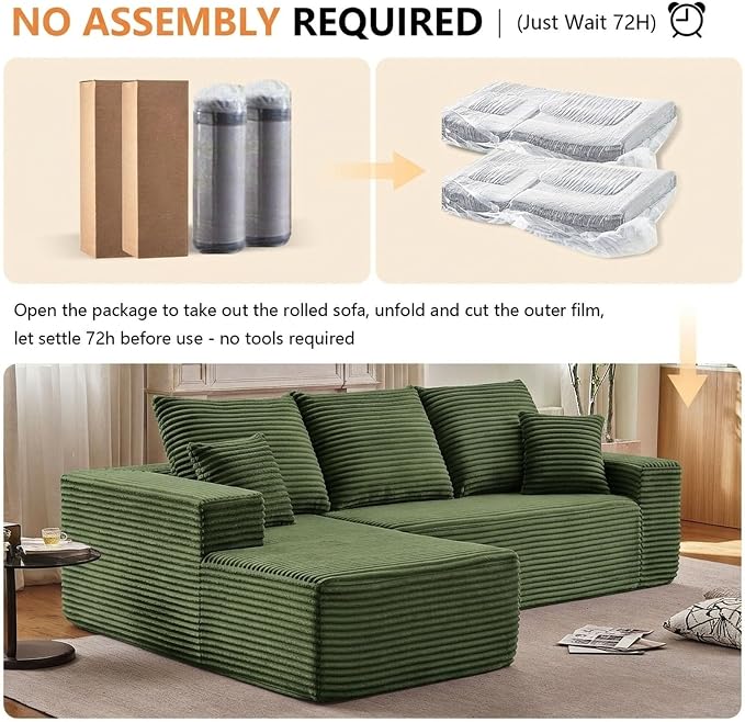 Sectional Couches for Living Room Cloud Couch Sofa with L-Shape Couch in a Box Upholstered Boneless Couchs Modern Modular Sectional Couch with Chaise (Green,B-3 Seater-Left-Facing Chaise-96 inch)