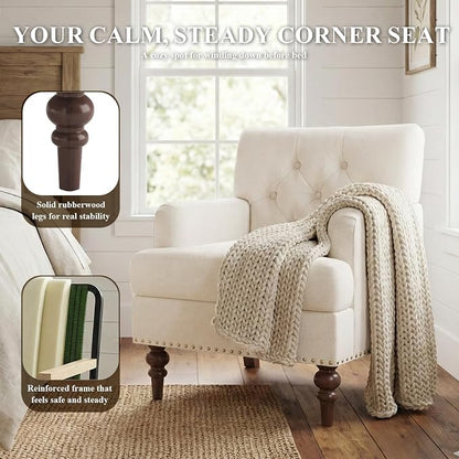 MALOL Upholstered Accent Chair, Comfy Reading Chair for Living Room, Mid Century Modern Armchair with Thick Cushion & Solid Rubberwood Legs, for Bedroom/Small Spaces, Beige