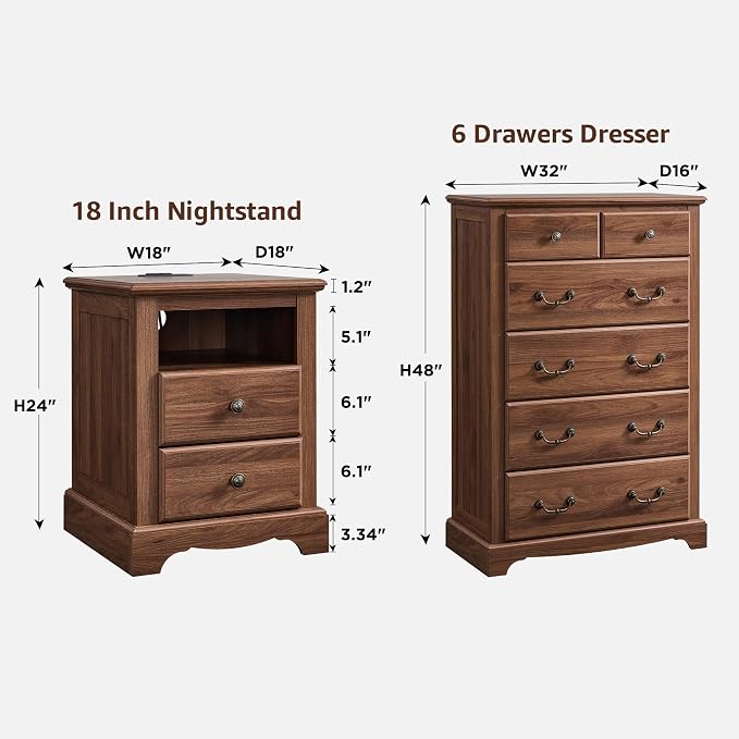 T4TREAM Farmhouse Dresser and Nightstand Sets of 3, 48" Tall 6 Drawers Dresser & 2-Drawer Nightstands Set, Wood Bedroom Furniture Set for Home, Hallway, Bedroom, Light Walnut