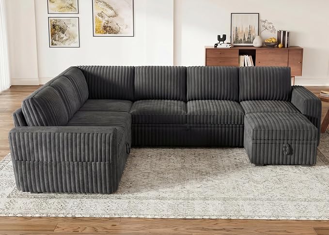 HONBAY Modular Sectional Sleeper Sofa with Pull Out Bed,Corduroy U Shaped Couch with Storage, Sectional Couches for Living Room,Dark Grey