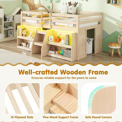 Giantex Low Loft Bed with LED Lights, Wooden Twin Loft Bed with Stairs & Safety Guardrail, Loft Bed Twin Size with Storage Bookcase and Under-Bed Play Space, Loft Bed for Kids (Natural)