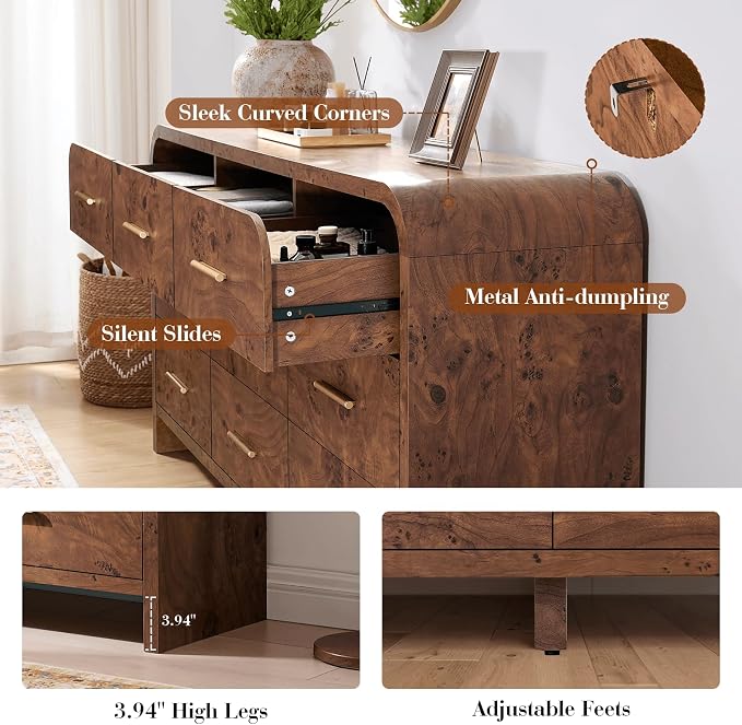 Curved 9 Drawer Dresser for Bedroom, 63'' Wide Chest of Drawers, Farmhouse Storage Cabinet for Hallway & Living Room TV Stand, FSC Certified 1.18" Thick Board, 100 lbs Top Weight, Dark Burl