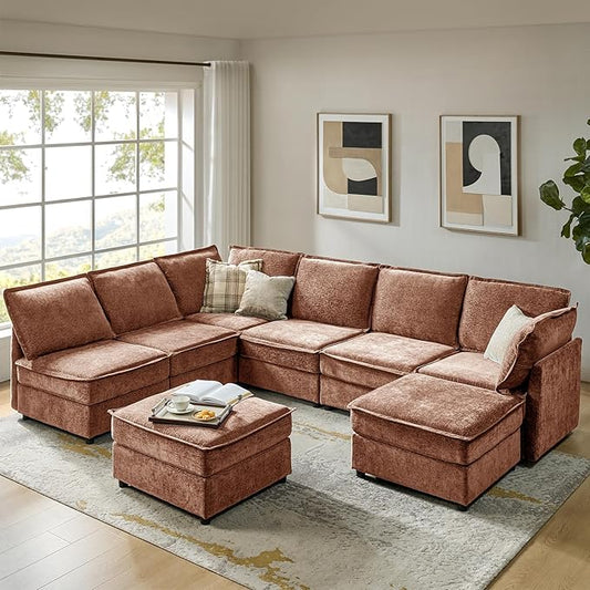 HULALA HOME Oversized Modular Sectional Sofa, 8 Seat U Shaped Couch with Storage Ottoman, Comfy Chenille Sofa with Deep Seat, Convertible Sectional Couches for Living Room, Burnt Orange