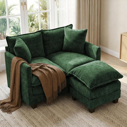 52" Loveseat Sofa, L-Shaped Cloud Couch with Ottoman, Comfy Chenille Love Seat with 2 Pillows, Small Loveseat for Small Spaces, Living Room, Bedroom,Apartment and Office, Green