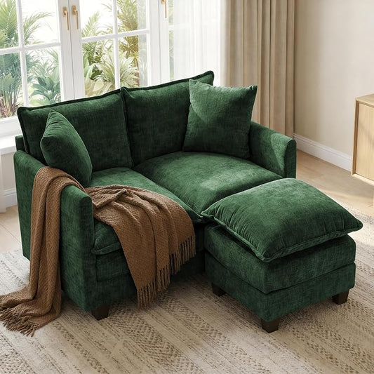52" Loveseat Sofa, L-Shaped Cloud Couch with Ottoman, Comfy Chenille Love Seat with 2 Pillows, Small Loveseat for Small Spaces, Living Room, Bedroom,Apartment and Office, Green
