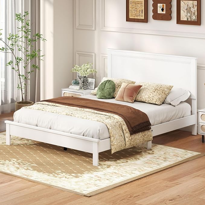 GOFLAME Queen Size Wood Bed Frame, Mid-Century Modern Platform Bed with Headboard, Solid Wood Legs, Mattress Foundation with 12 Wooden Slats, No Box Spring Needed, White