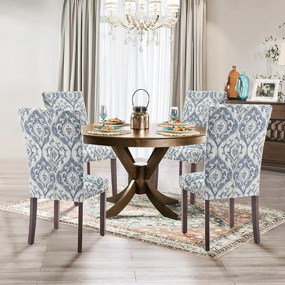 Parsons Dining Chairs Set of 2, Upholstered Nailhead Dining Room Kitchen Side Chair with Thick Cushions and Wood Legs, White/Blue