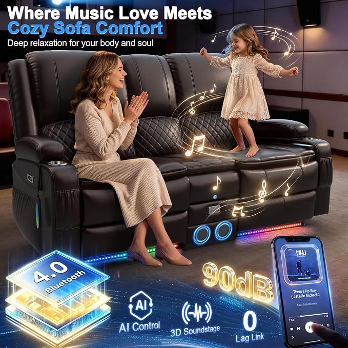 Power Recliner Loveseat Recliner with Massage and Lumbar Heating, Home Theater Reclining Loveseat with Flip Console, RV Couch Wall Hugger with 2 Speakers, Storage, USB, Outlet & LED (PU, Brown)
