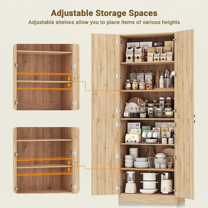 Cyclysio 80" Kitchen Pantry, Extra Tall Arch Storage Cabinet with 8 Soft Close Doors and Adjustable Shelves, Freestanding Wood Cupboard with Seamless Fit Wall for Dining Living Room Bathroom Furniture