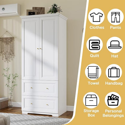 White Wardrobe with 2 Drawers: 74" Wooden Wardrobe Closet for Hanging Clothes, Tall Armoire Closet with 2 Doors, Bedroom Armoires with Hanging Rod (32")