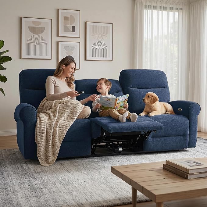 MCombo 87.8" Wall Hugger Power Reclining Sofa, 3-Seat Triple Recliner Couch with USB Ports, Rolled Arm Space Saving Recliner Sofa for Living Rooms Apartments RV, Fabric PR635M5 (Navy Blue)
