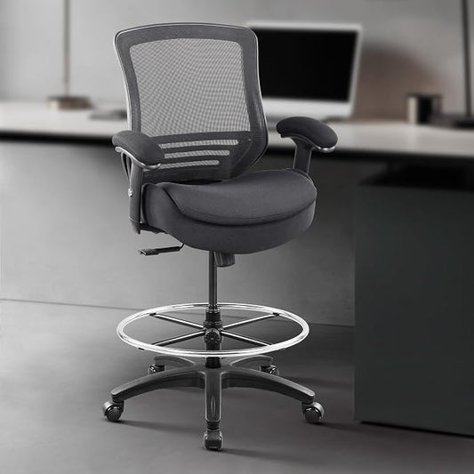 BOLISS 400lbs Ergonomic Office Drafting Chair Mid Mesh Back for Height Adjustable Desk 21inch Foot Ring Height Adjustable Armrest (Black) ﻿