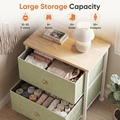 Sweetcrispy Nightstand with 2 Storage Drawers, Small Bedside Table | 20" Height End Table, Wooden Top Fabric Cabinet for Bedroom, Furniture, Closet, College Dorm, Light Green