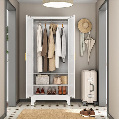 Metal Wardrobe Closet with Doors and Shelves, 71" Farmhouse Bedroom Armoire with Hanger Rod and Clothing Shelf, White Closet Cabinet for Hanging Clothes for Laundry Room Garage Dormitory