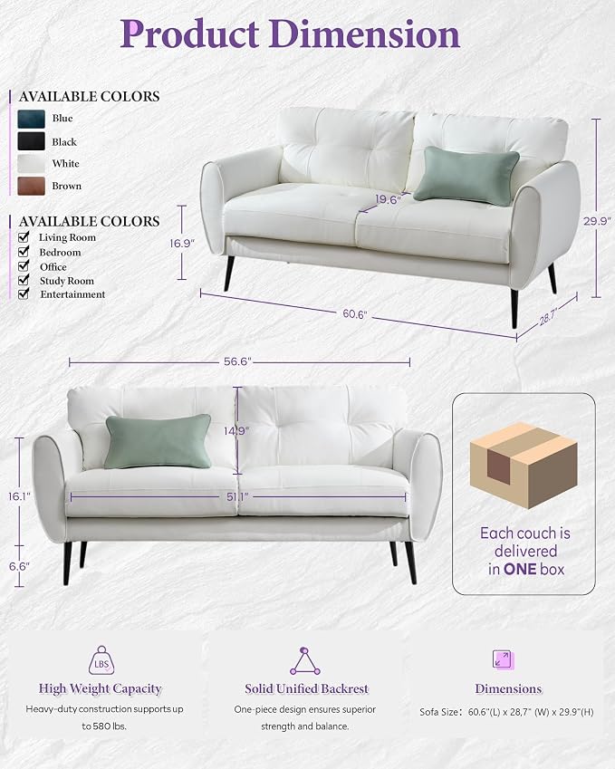 TYBOATLE 61" Loveseat Couches for Living Room, White Faux Leather Couch Mid Century Modern Tufted Mini Sofa Comfy Office 2 Seat Settee Love Seat Small Couches for Small Spaces Bedroom, White