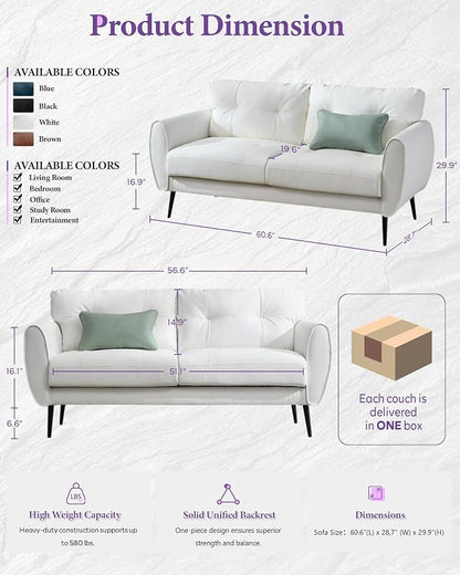 TYBOATLE 61" Loveseat Couches for Living Room, White Faux Leather Couch Mid Century Modern Tufted Mini Sofa Comfy Office 2 Seat Settee Love Seat Small Couches for Small Spaces Bedroom, White