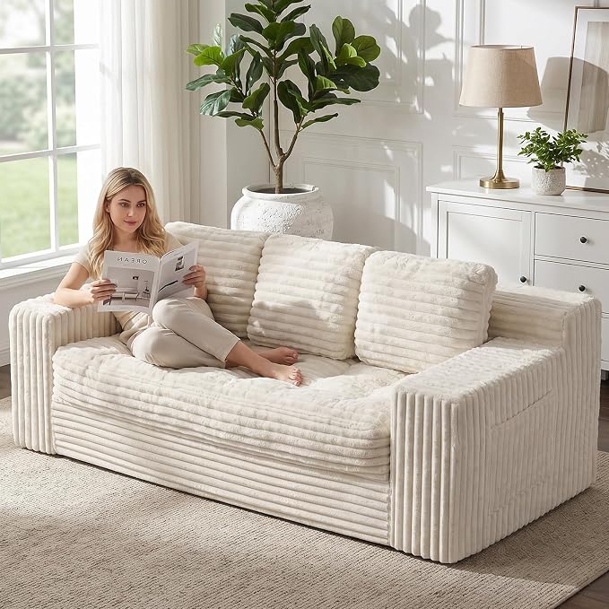 Boneless Couch, Cloud Loveseat Sofa Corduroy Couch in a Box, Upholstered Boneless 3 Seater Couch for Living Room Bedroom Office Apartment, No Assembly Required, Beige