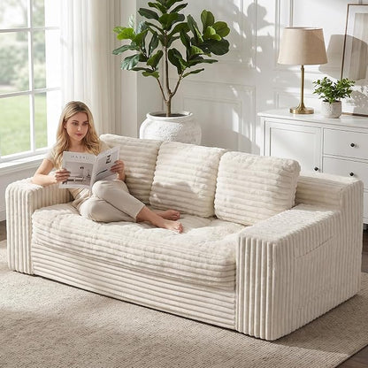 Boneless Couch, Cloud Loveseat Sofa Corduroy Couch in a Box, Upholstered Boneless 3 Seater Couch for Living Room Bedroom Office Apartment, No Assembly Required, Beige