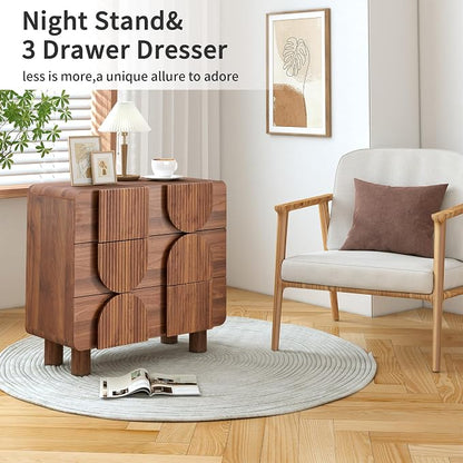 Janmer Home 3 Drawer Nightstand Set of 2, Walnut Wooden Dresser with Curved Profile, Mid-Century Modern Bedside Cabinet for Bedroom Living Room Entryway, 31.5" W x 15.75" D x 29.1" H