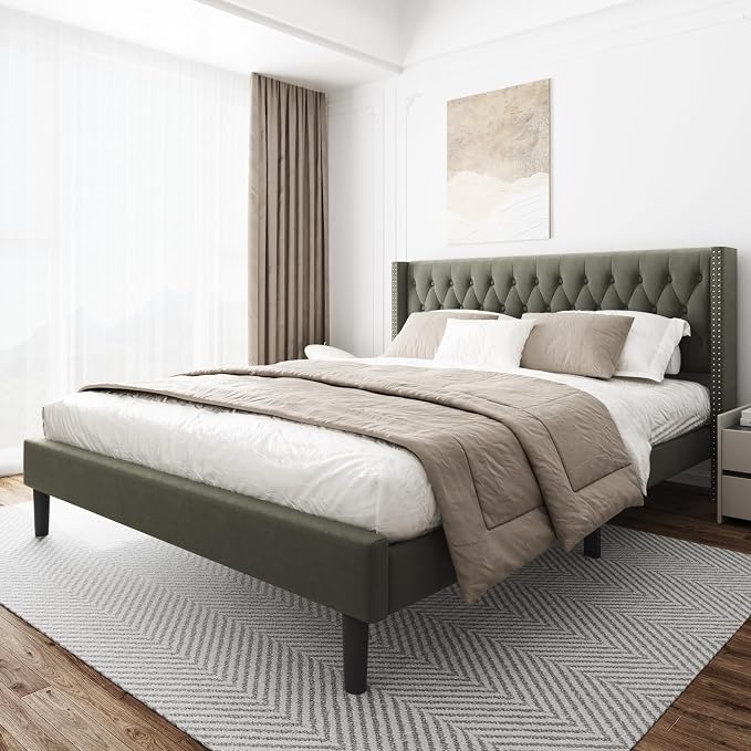 HAOARA King Size Bed Frame, Upholstered Platform Bed with Wingback Headboard, Velvet Button Tufted, Easy Assembly, No Box Spring Needed, Green