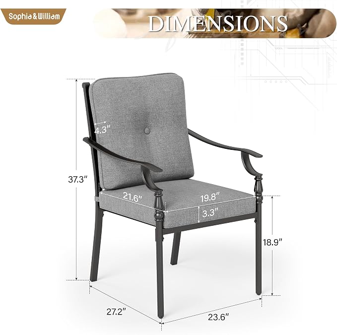 Sophia & William Outdoor Patio Dining Chairs Set of 6, Heavy Duty Outdoor Furniture Chairs with Thickened Cushions, Wrought Iron Deck Chairs for Backyard, Poolside, Balcony and Garden