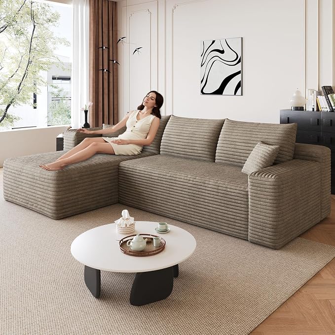95" Modular Sectional Sofa, Modern Corduroy Cloud Couch with Side Pockets, Boneless Couch Upholstered 3-Seater L-Shaped Sofa for Living Room, No Assembly Required (Camel,Left-Facing Chaise)