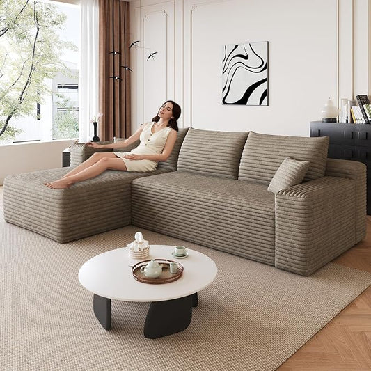 95" Modular Sectional Sofa, Modern Corduroy Cloud Couch with Side Pockets, Boneless Couch Upholstered 3-Seater L-Shaped Sofa for Living Room, No Assembly Required (Camel,Left-Facing Chaise)