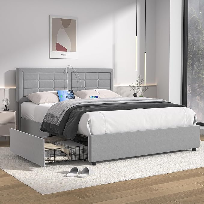 VECELO Queen Size Bed Frame with 4 Storage Drawers & Adjustable Headboard, Built-in Charging Station, Upholstered Bedframe with Wood Slats Support, Light Grey