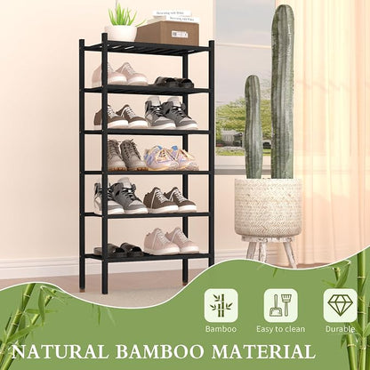 ROMGUAR CRAFT 6-Tier Bamboo Small Shoe Rack, Free Standing Wood Shoe Shelf Storage Organizer for Closet Entryway Stackable (Black)