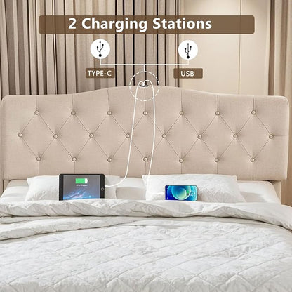 VECELO Queen Size Platform Bed Frame with 4 Storage Drawers,Fabric Upholstered Headboard and Wooden Slats Support,Built-in USB and Type C Ports, No Box Spring Needed,Easy Assembly