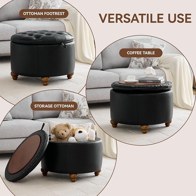 WUTUTUEE 24Inch Round Storage Ottoman with Tray, Modern Tufted Leather Circle Coffee Table with Storage, Upholstered Ottoman with Removable Top for Living Room, Bedroom, Leather Black