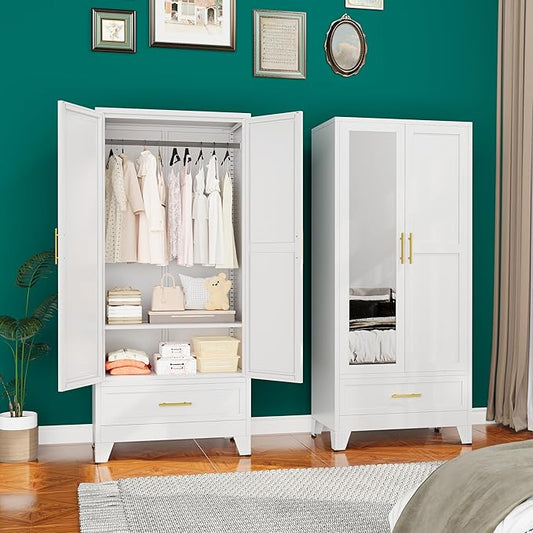 erosoei 71" H Metal Armoire Wardrobe Closet with Mirror,Household Steel Wardrobe Cabinet with Drawers,Clothing Storage Wardrobe Cabinet with Adjustable Shelves and Hanging Rod for Bedroom（White）