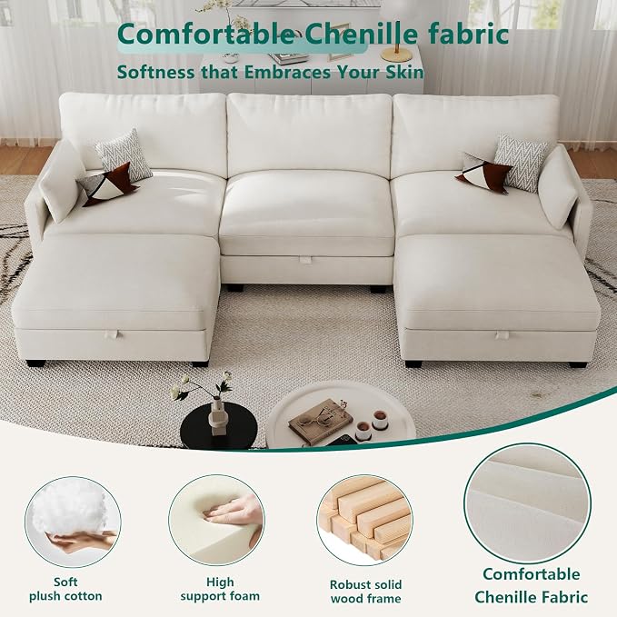 Modular Sectional Small U Shaped Sofa Couches for Living Room, Cloud Couch with Storage Ottoman, Comfy Chenille Sofa with Pillow, Beige