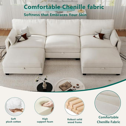 Modular Sectional Small U Shaped Sofa Couches for Living Room, Cloud Couch with Storage Ottoman, Comfy Chenille Sofa with Pillow, Beige