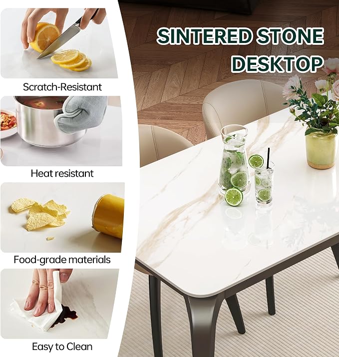 55" White Rectangular Sintered Stone Dining Table with Metal Legs | Versatile kitchen furniture for indoor and outdoor placement, matched with adjustable silent foot pads.