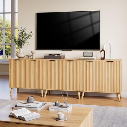 Fluted Sideboard Buffet Cabinet with Storage, 2 Doors Modern Sideboard Cabinet for Living Room, Wood Coffee Bar Cabinets with Adjustable Shelves Accent Credenza for Kitchen, Entryway, Natural