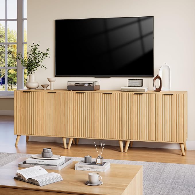Set of 2 Fluted Sideboard Buffet Cabinet, 63" Mid Century Modern Storage Cabinet with Adjustable Shelves & 4 Doors, Accent Cabinet for Dining Room & Living Room, Natural