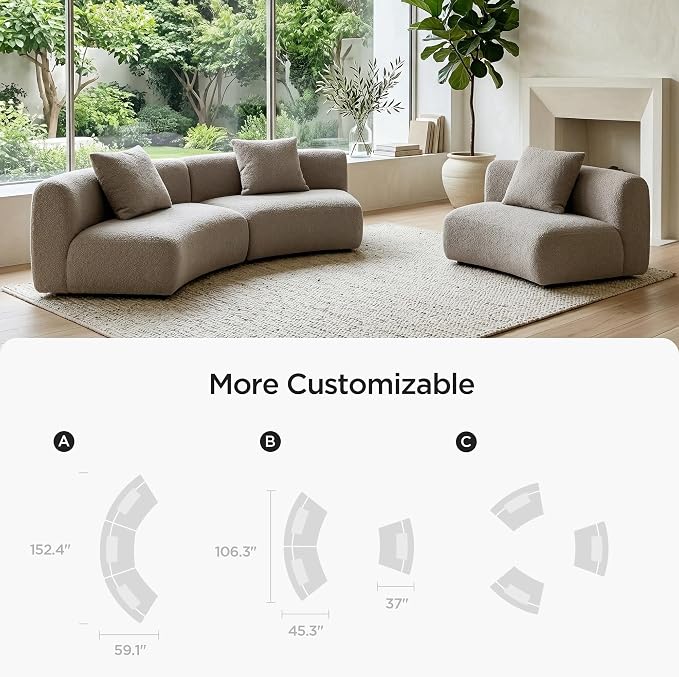 Acanva Formia Boucle Curved Sectional Sofa, 3 Armless Chairs, Light Coffee | Modular Couch, Modern Minimalist, Wood Frame, For Living Room, Apartment, Home Office