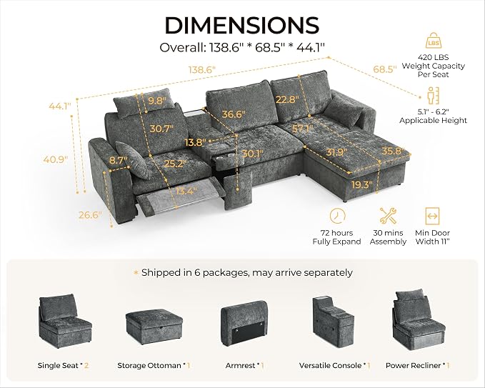 138.6'' Oversized Power Recliner Sofa with Headrest, Modular Cloud Sectional Couch with Convertible Table, Charging, Drawer, Cup Holder, 4-Seater with Storage Ottoman, Chenille, Grey