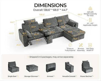 138.6'' Oversized Power Recliner Sofa with Headrest, Modular Cloud Sectional Couch with Convertible Table, Charging, Drawer, Cup Holder, 4-Seater with Storage Ottoman, Chenille, Grey