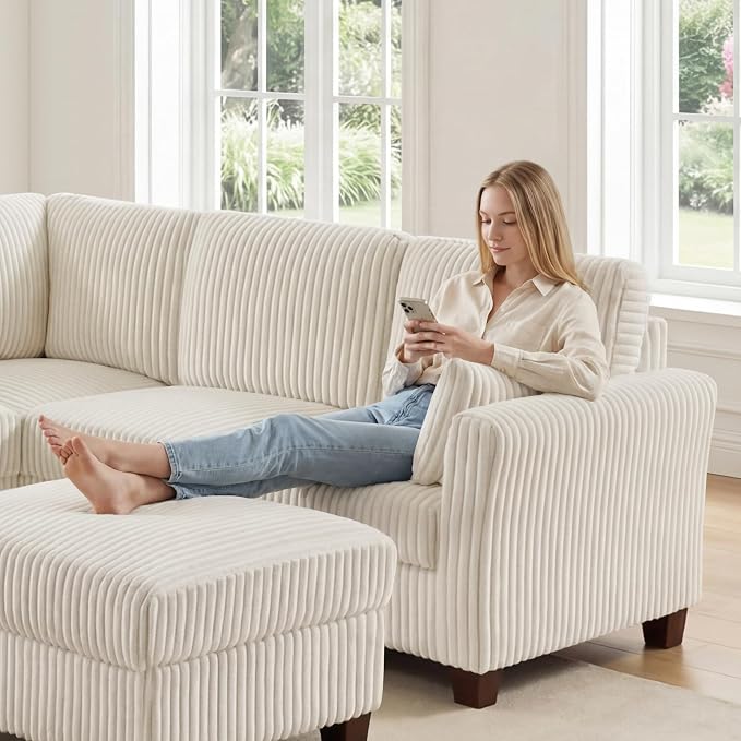 VANOMi Sectional Corner Couch, Corduroy L Shaped Sofa, 6-Seat Couch,Beige