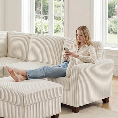 VANOMi Sectional Corner Couch, Corduroy L Shaped Sofa, 6-Seat Couch,Beige