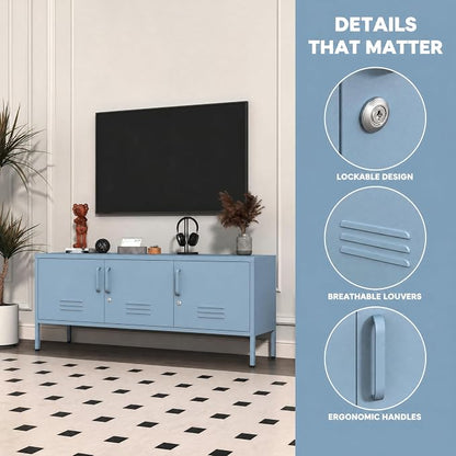 Metal Storage Cabinet-22"Tall Steel TV Stand Cabinet Adjustable Shelves storage locker Lockable Blue Metal Cabinet for Home Office Bedroom Living Room Balcony Entryway Size：22" H X 47.3" W X 13.8" D