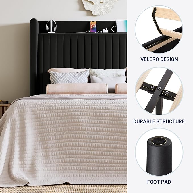 Allewie King Size Platform Bed Frame with USB Charging Station and Storage Shelf/Upholstered Velvet Wingback Headboard/Wooden Slats Support/No Box Spring Needed/Easy Assembly, Black