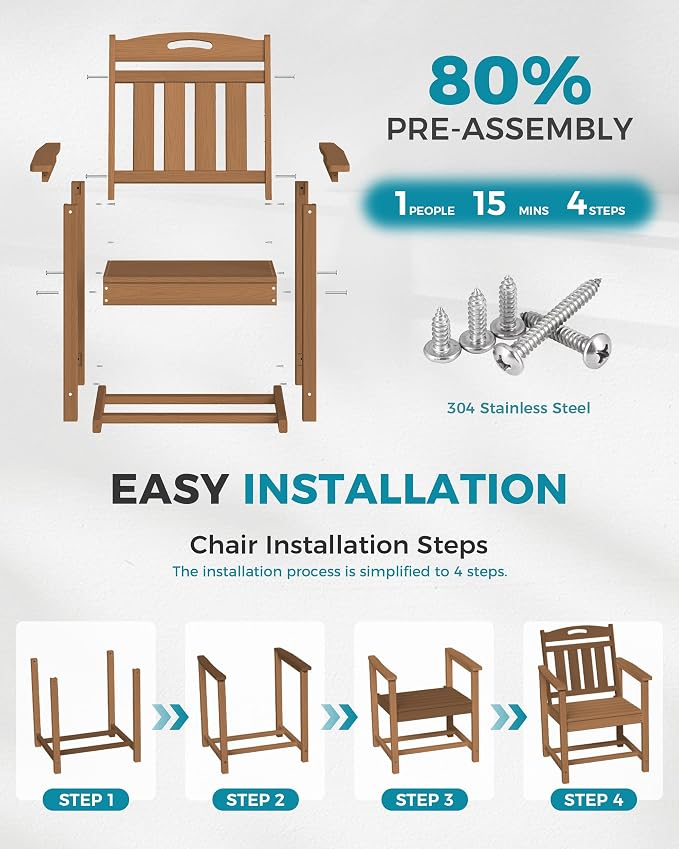 Ciokea Outdoor Patio Dining Chair, HDPE Oversized Porch Chairs with Wide Seat, All-Weather Durable Heavy-Duty Outdoor Furniture for Backyard, Poolside, Lawn & Garden, Teak